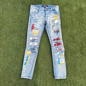 Copper Rivet Men's 32x32 Distressed Moto Jeans Flannel Patchwork Light Wash